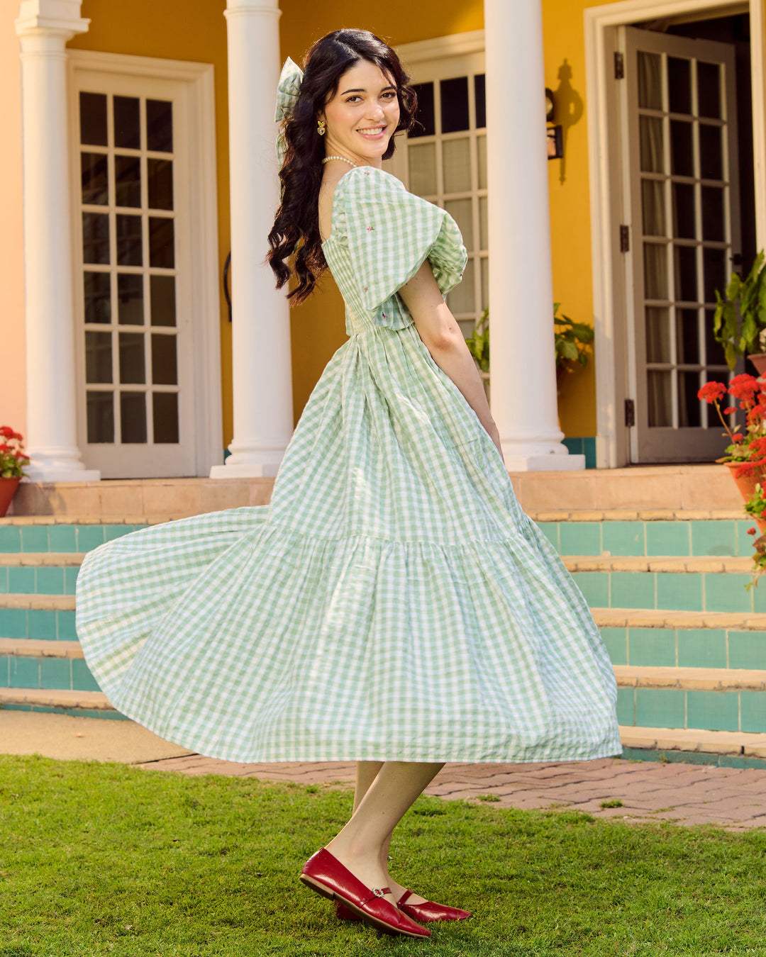 Eilish Green Embroidered Cotton Checks Dress