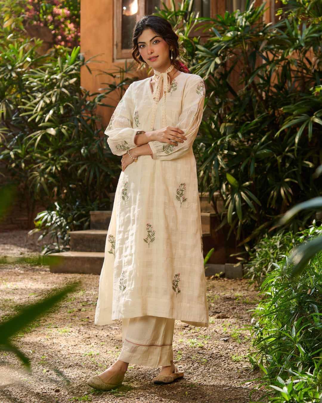 Sidoni Off White Embroidered Cotton Checks Kurta Set