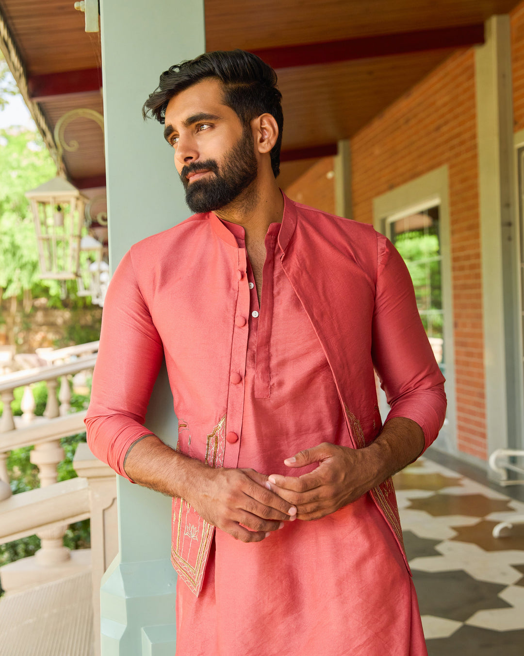 Aavesh Peach Embroidered Chanderi Jacket And Kurta Set