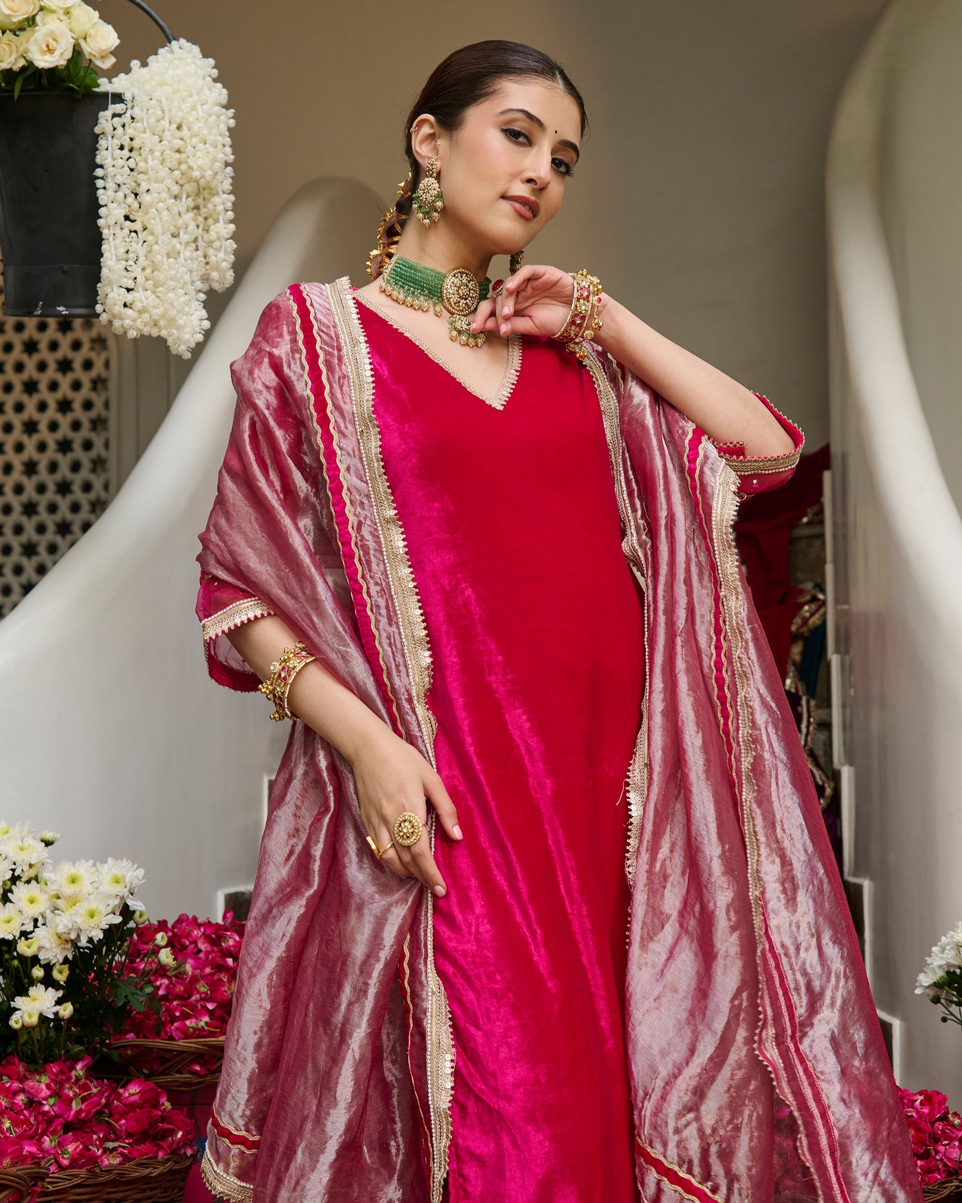 Rima Pink Solid Velvet Suit Set