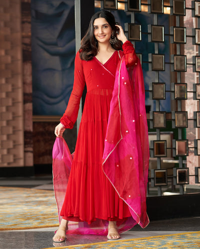 Rajni Red Embroidered Tie Dye Organza Dupatta