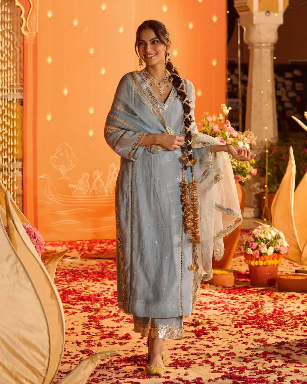 Vihana Powder Blue Embroidered Chanderi Suit Set