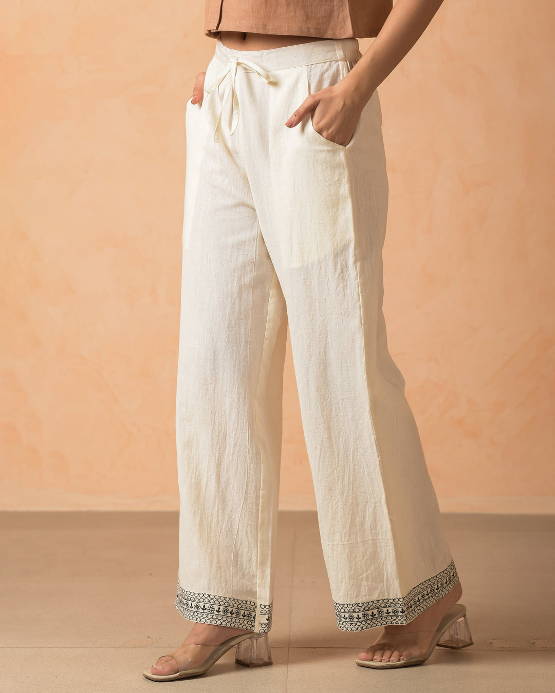 Anira Cream Cotton Flex Embroidered Straight Pants