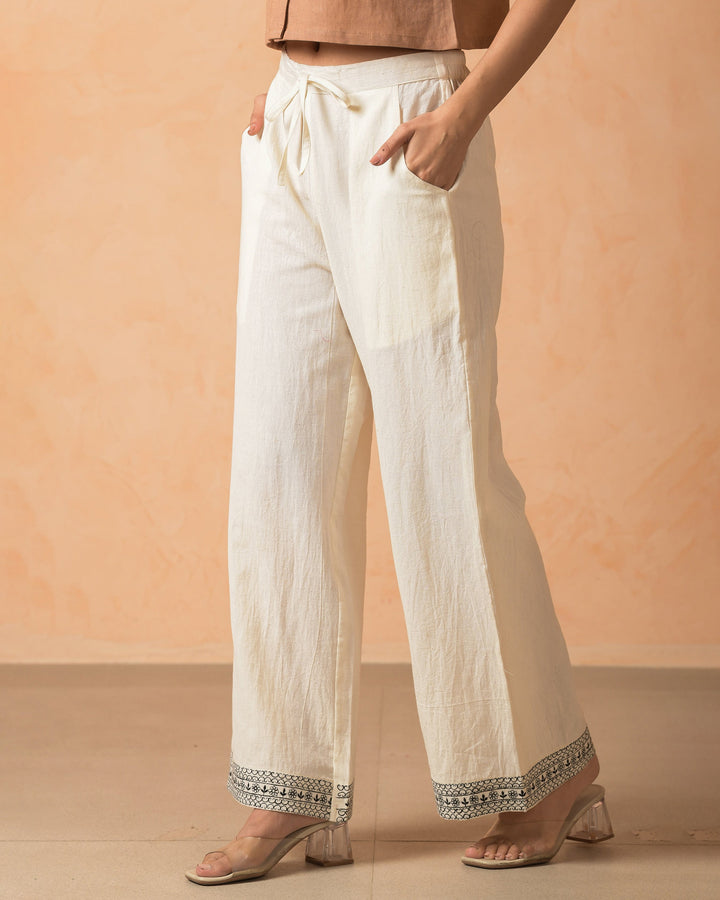 Anira Cream Cotton Flex Embroidered Straight Pants