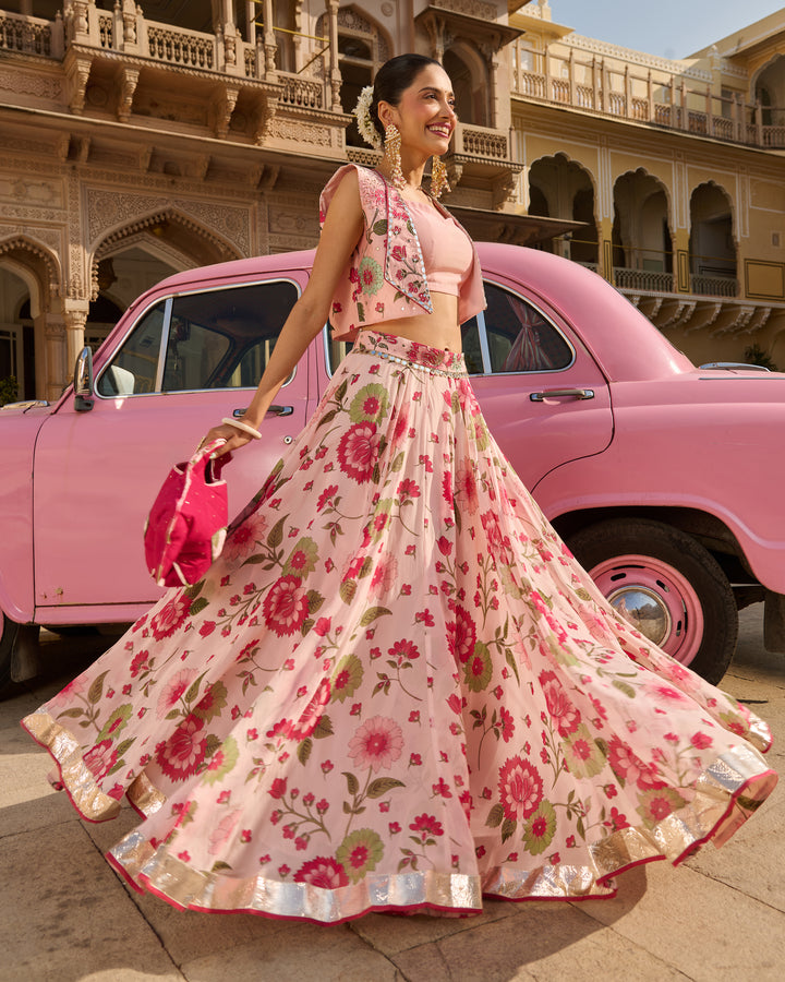 Noble Light Pink Printed Viscose Organza Lehenga Set