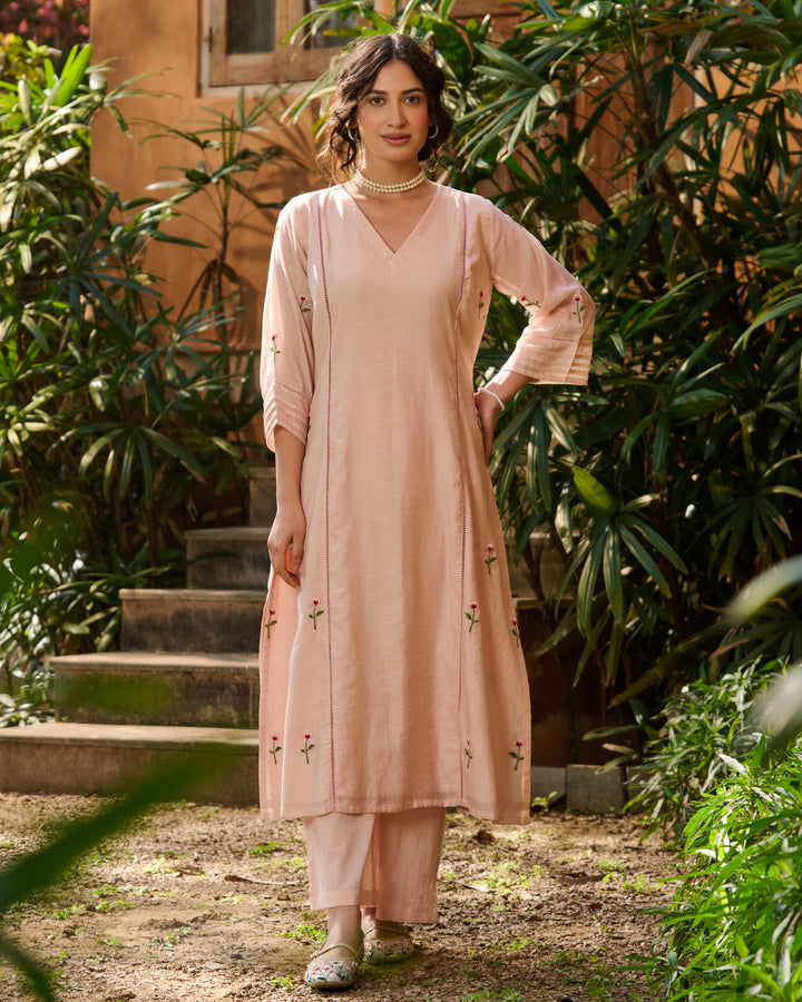 Lina Peach Embroidered Cotton Checks Kurta Set