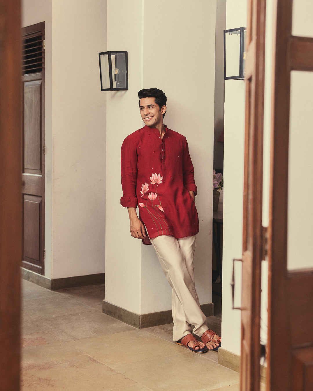 Kaevan Maroon Handpainted Tabby Checks Kurta