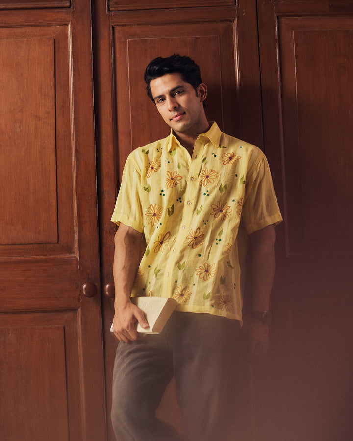 Prashant Yellow Cotton Dobby Handpainted Shirt