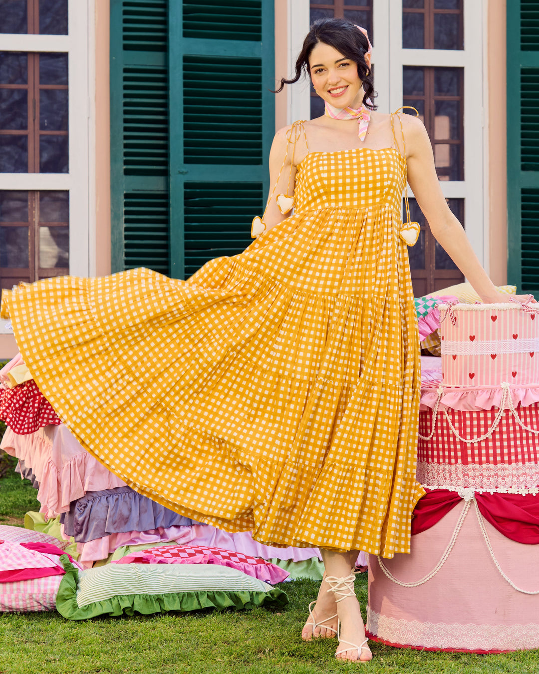 Ulfat Mustard Cotton Checks Printed Dress