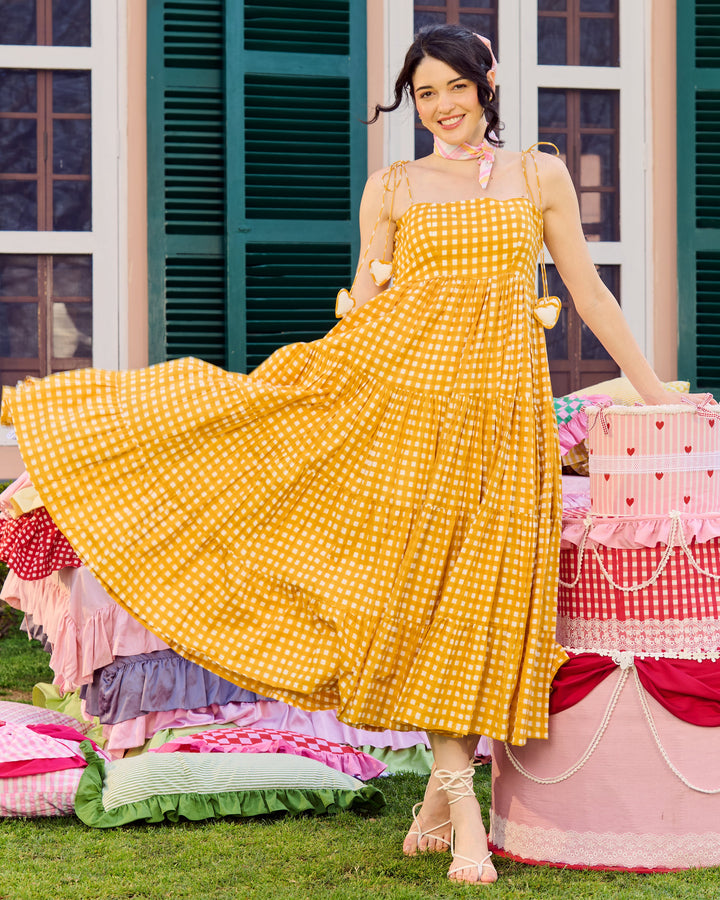 Ulfat Mustard Cotton Checks Printed Dress