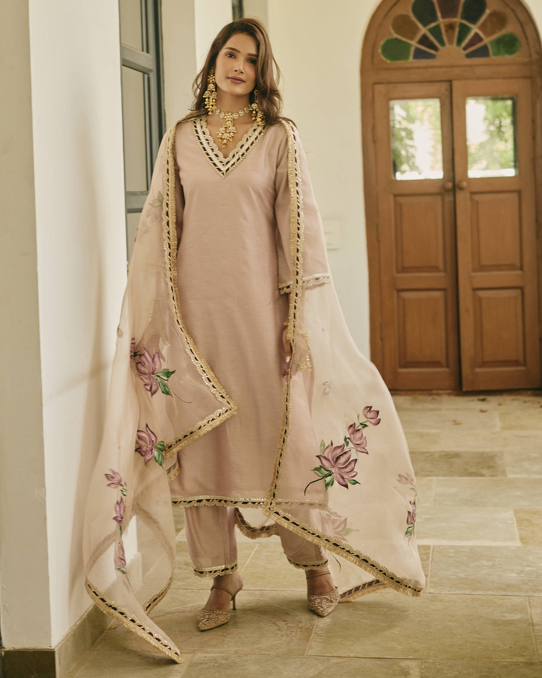 Chitvani Beige Handpainted Chanderi Suit Set