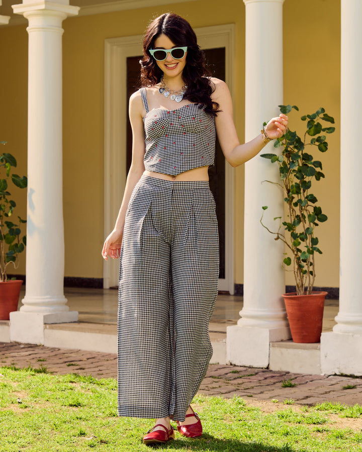Sarah Black Embroidered Cotton Checks Coord Set
