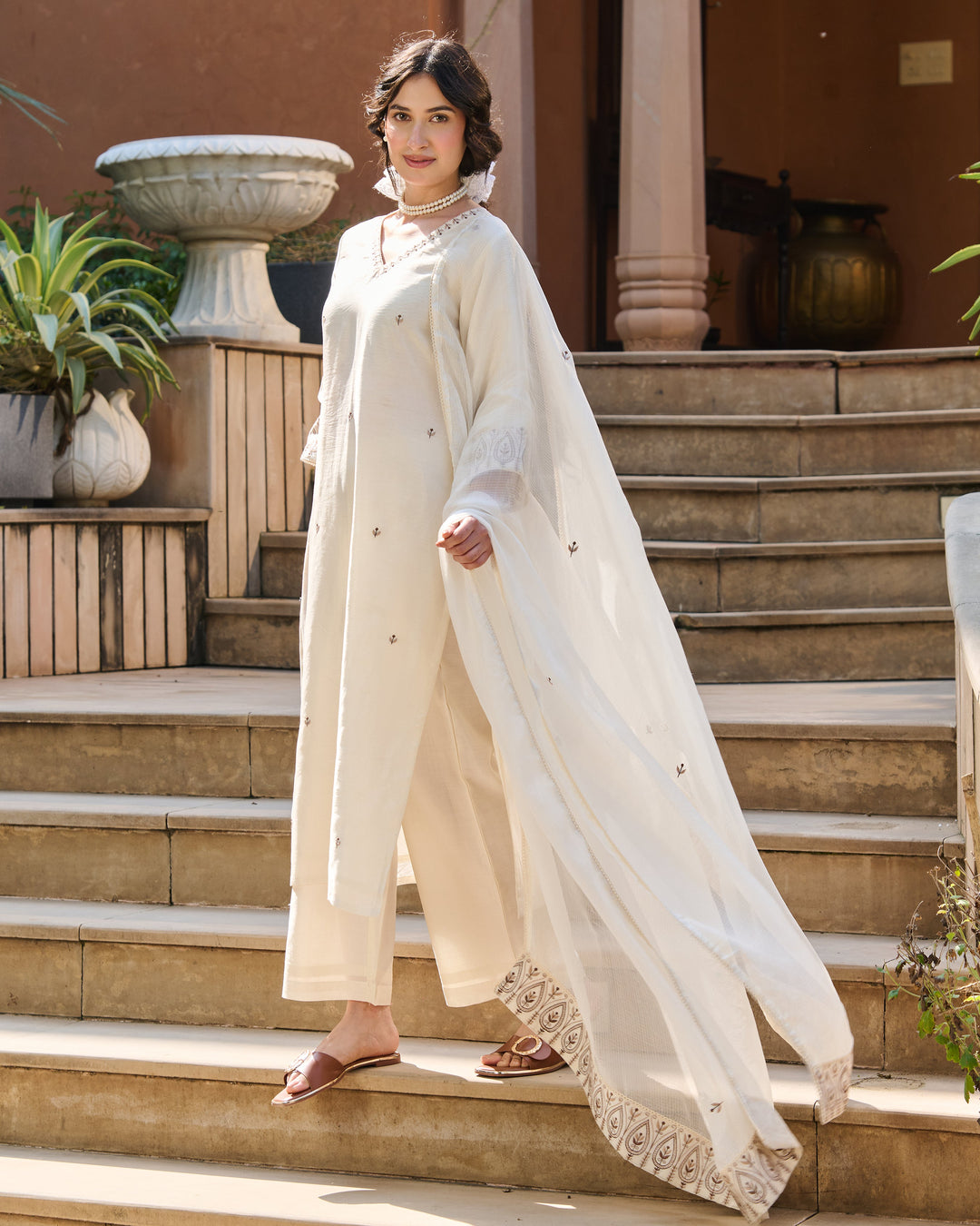 Sera Off White Embroidered Chanderi Suit Set