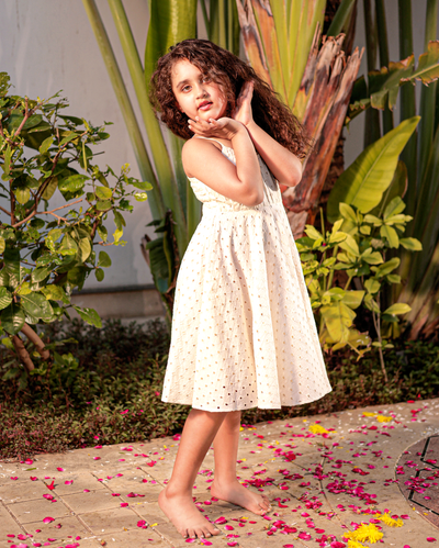 Dewdrop White Cotton Schiffli Dress