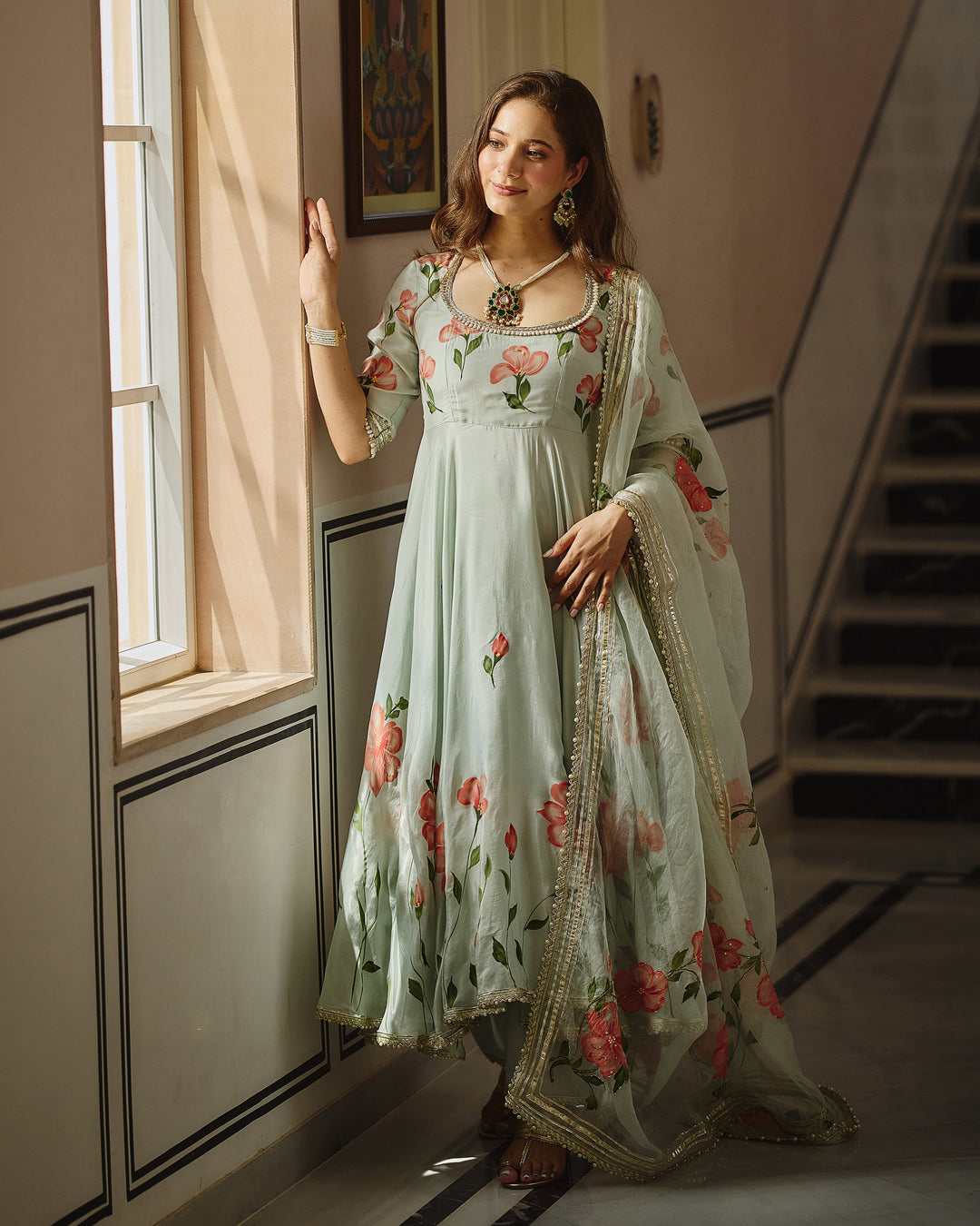 Varaz Blue Handpainted Viscose Organza Suit Set
