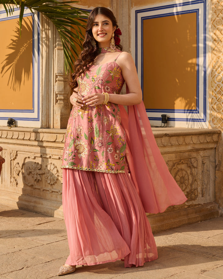 Solis Mauve Printed Chanderi Sharara Set