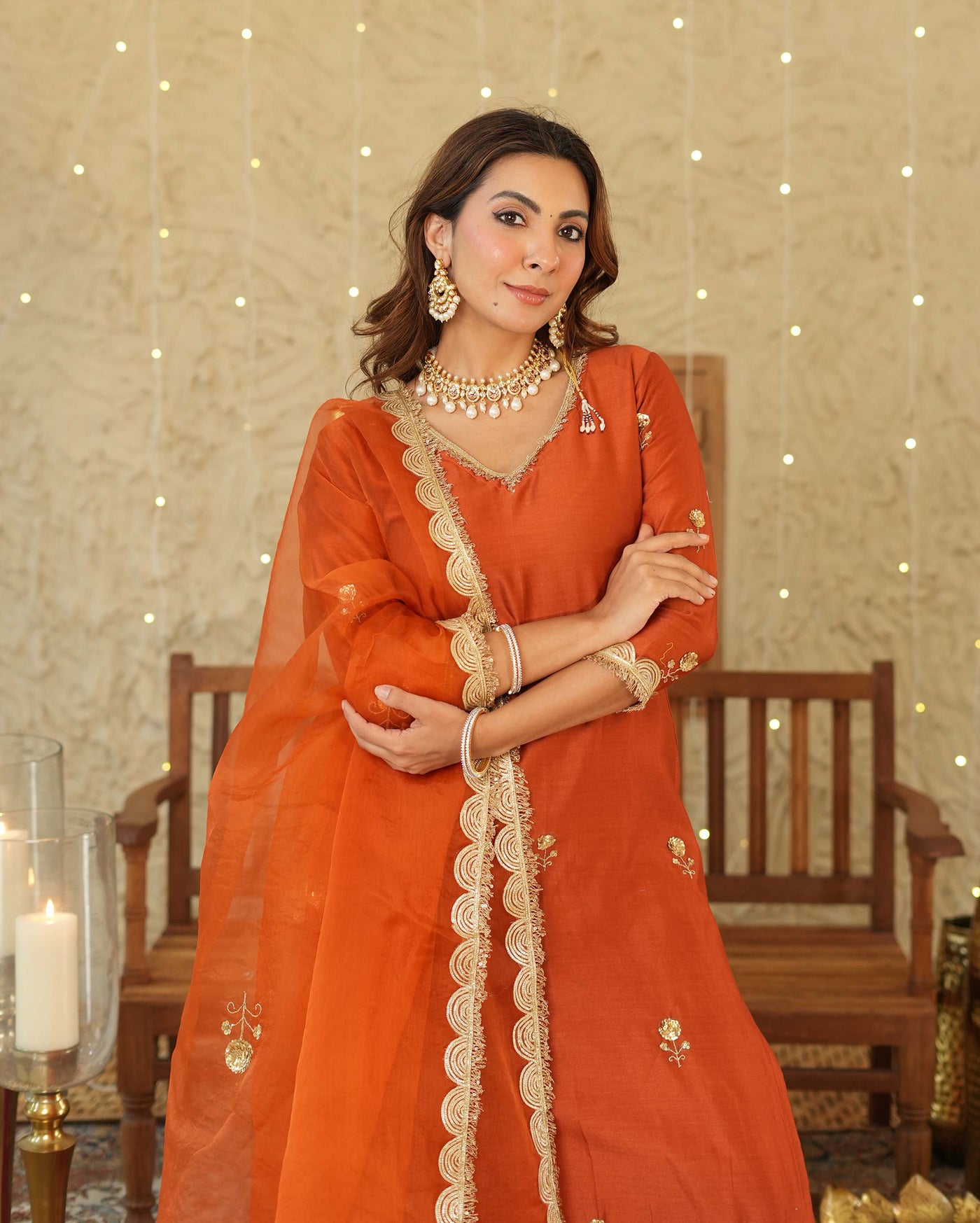 Shop Roshni Orange Embroidered Chanderi Suit Set for Women Online