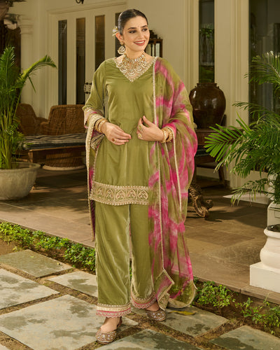 Aja Sage Green Embroidered Velvet Suit Set
