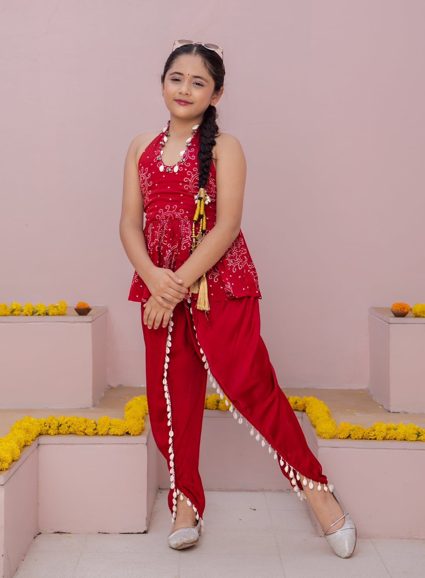 Mrunal Red Bandhani Satin Coord Set