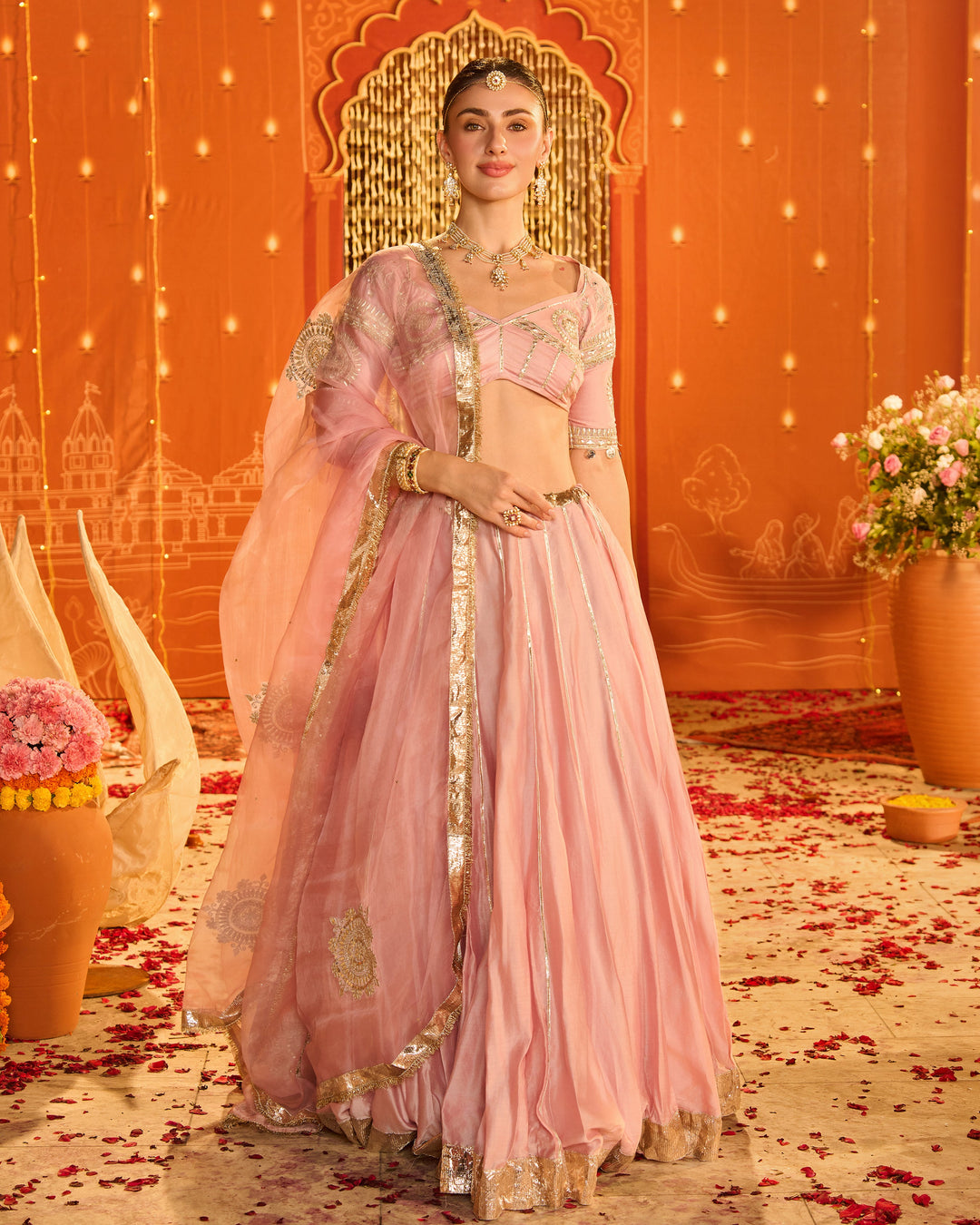 Tejal Baby Pink Embroidered Chanderi Aangi Lehenga Set