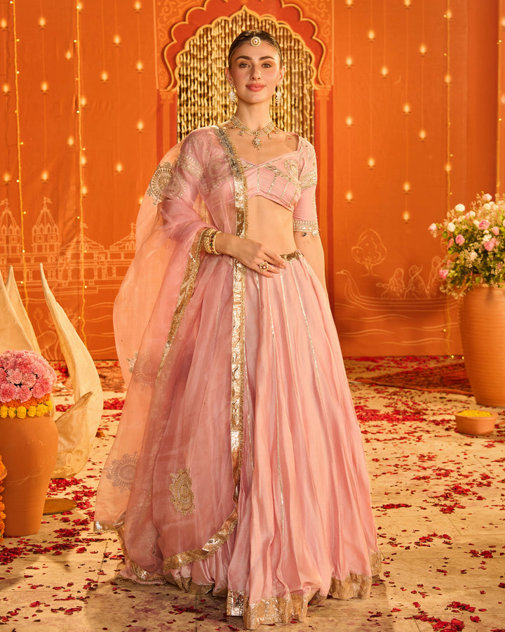 Tejal Baby Pink Embroidered Chanderi Aangi Lehenga Set