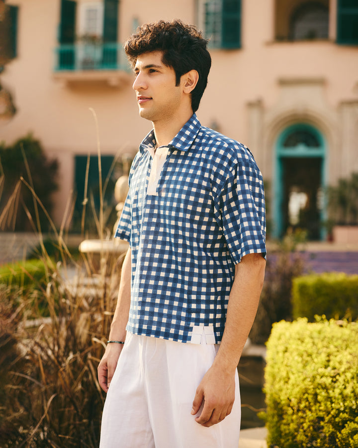 Tav Blue Cotton Checks Printed Shirt