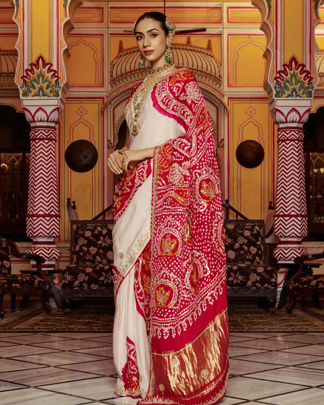 Ghanan White Embroidered Kajol Bandhej Silk Saree