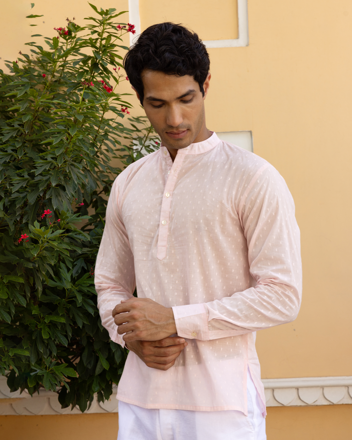 Ayaan Pink Solid Dobby Kurta