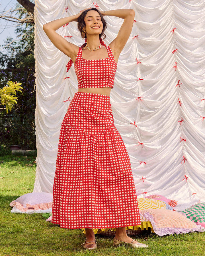 Unnati Red Cotton Checks Printed Coord Set