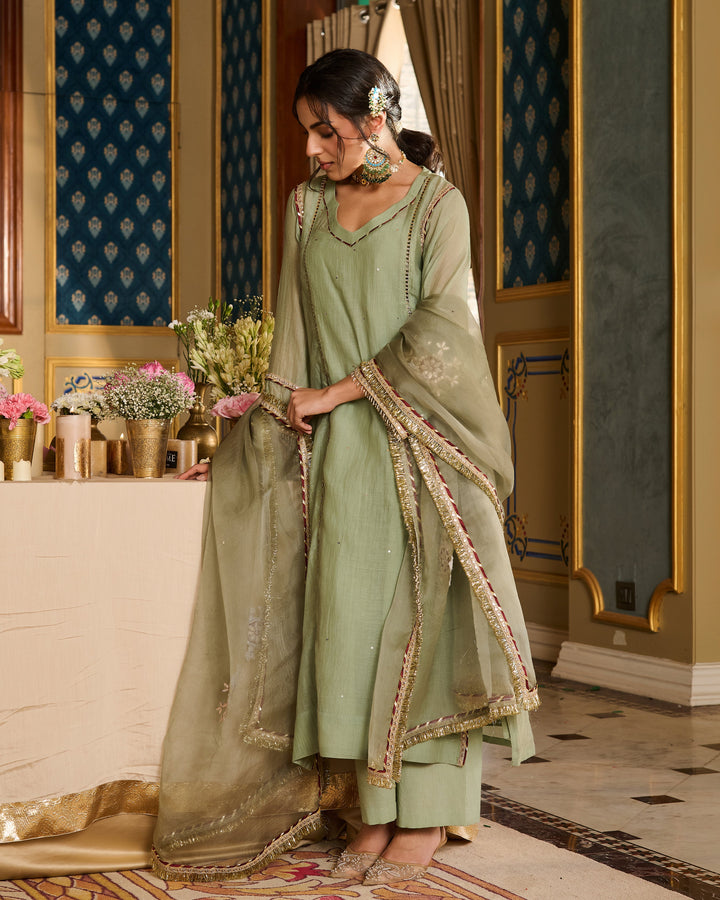 Prabhira Sage Green Embroidered Chanderi Suit Set