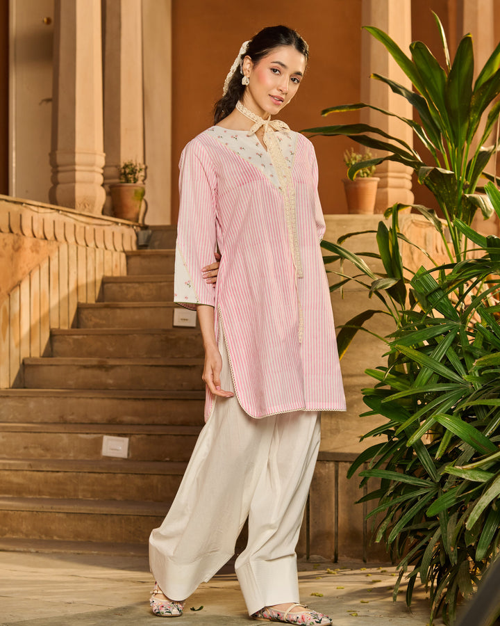 Sabine Pink Printed Cotton Stripes Kurta Set