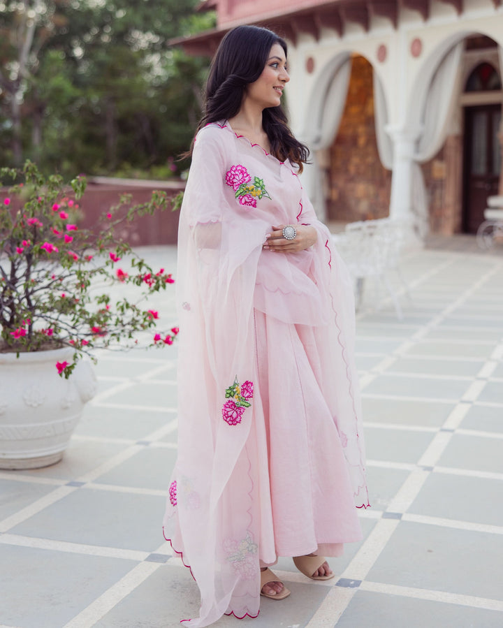 Shell Pink Embroidered Cotton Suit Set