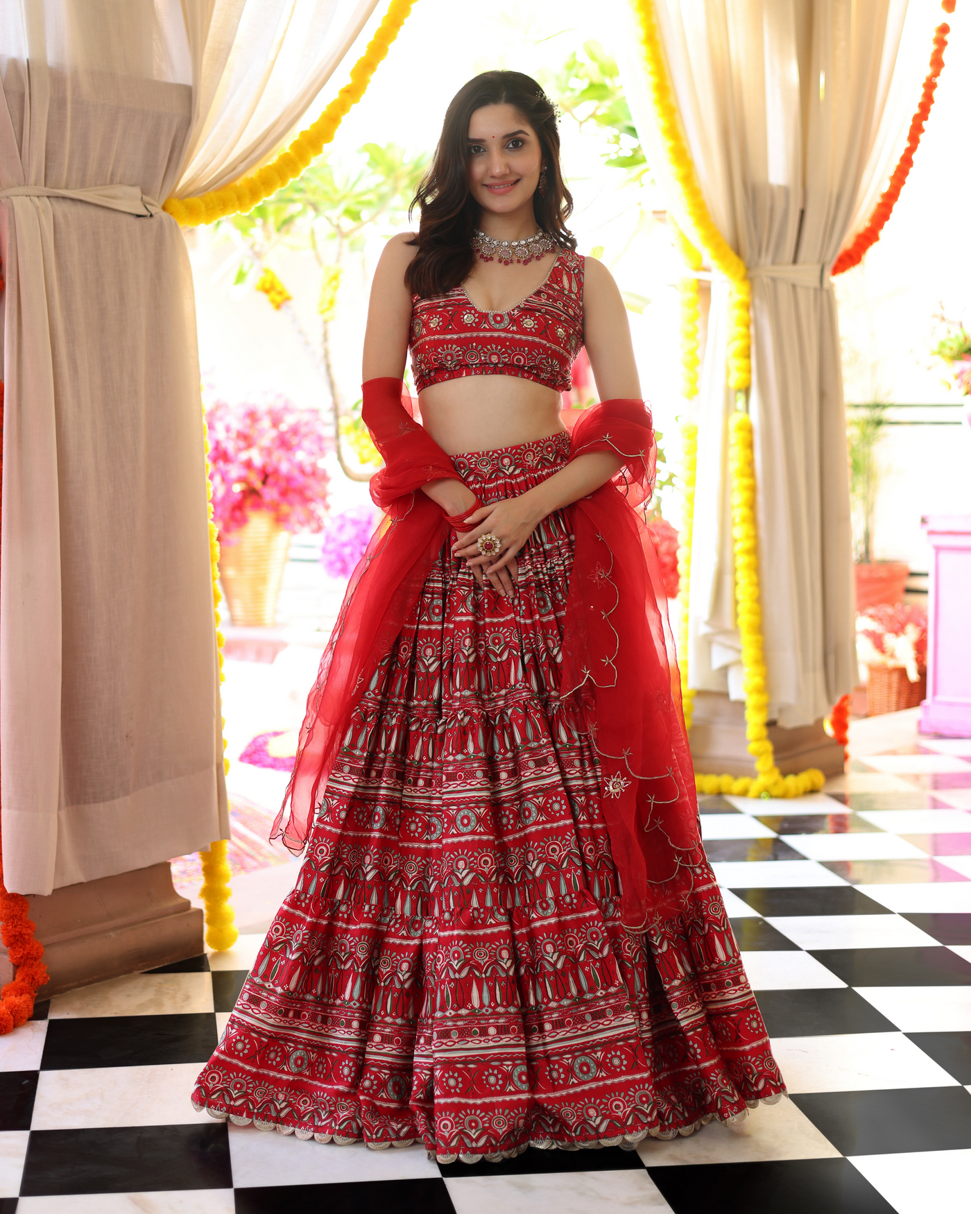 Red Hibiscus Haven Printed Satin Lehenga Set