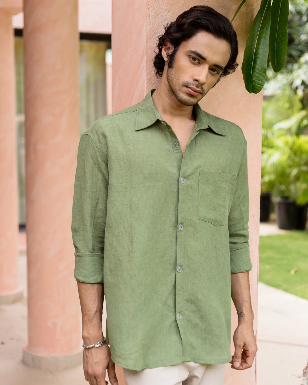 Kairen Green Cotton Flex Solid Shirt