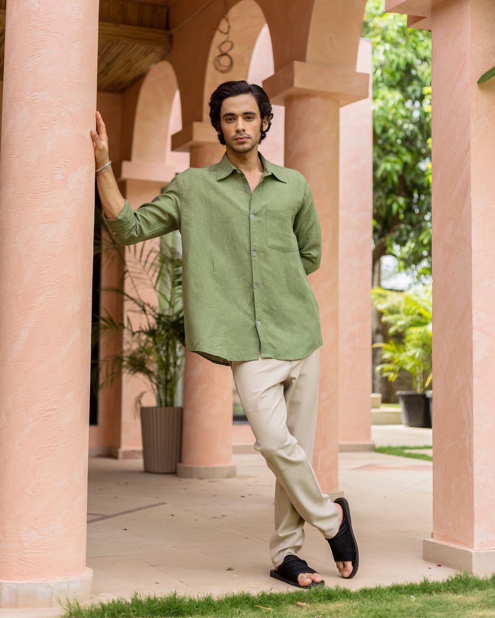 Kairen Green Cotton Flex Solid Shirt