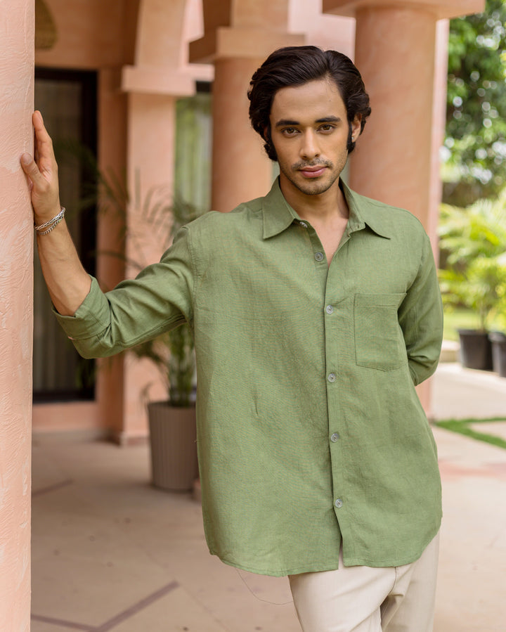 Kairen Green Cotton Flex Solid Shirt