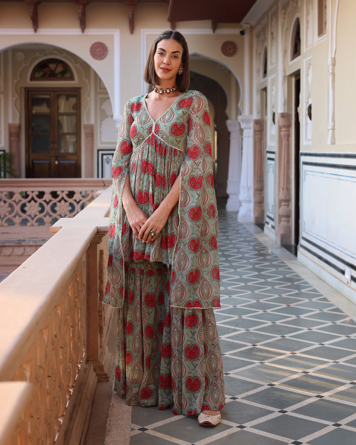 Turquoise Green Blush Printed Chinon Sharara Set