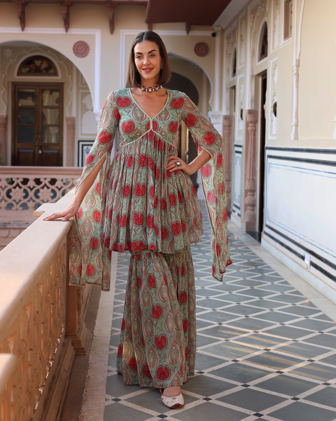 Turquoise Green Blush Printed Chinon Sharara Set
