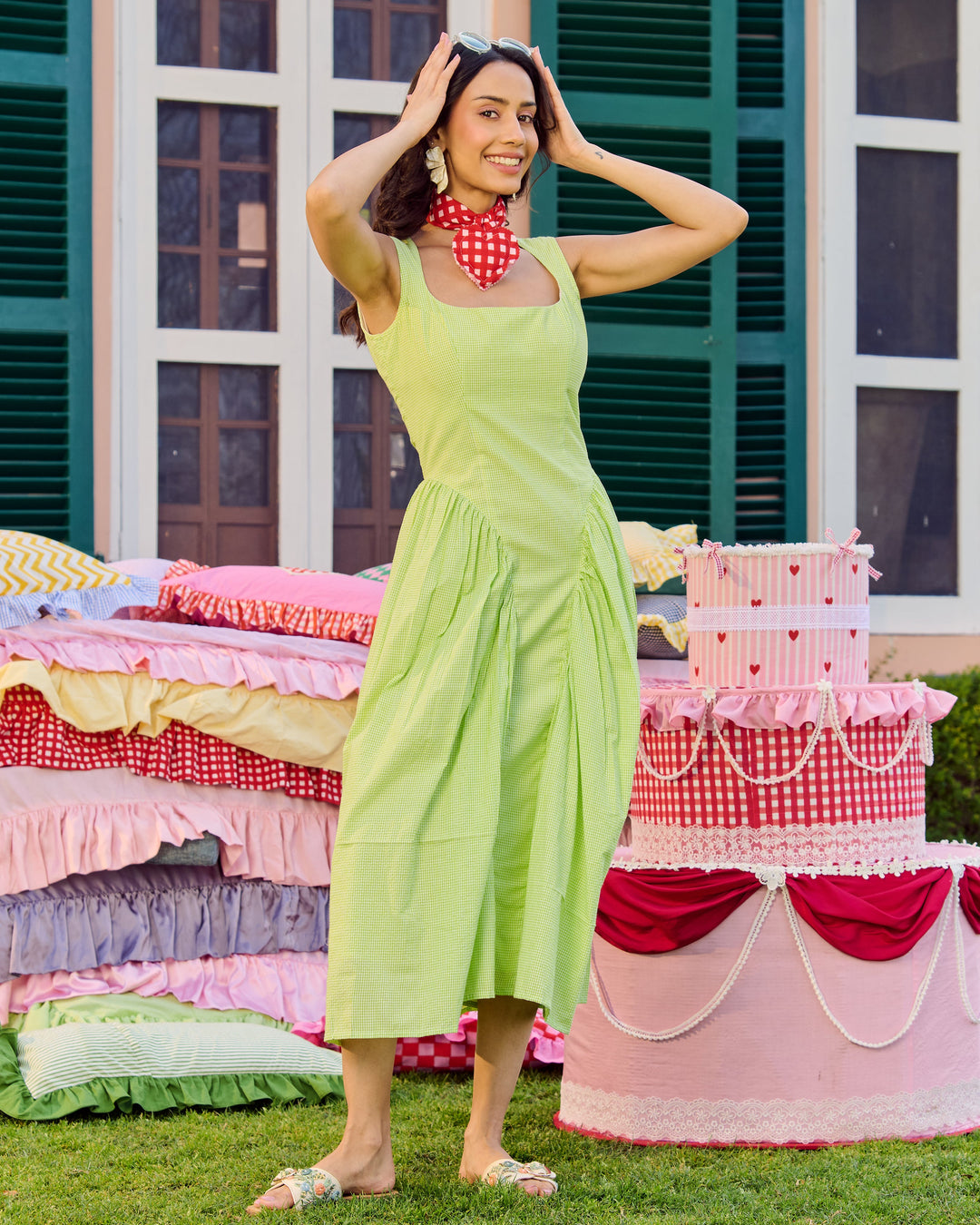 Elloise Lime Green Cotton Checks Dress
