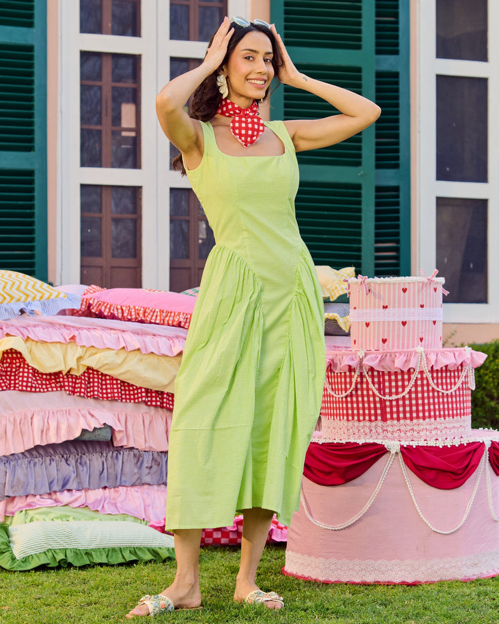 Elloise Lime Green Cotton Checks Dress
