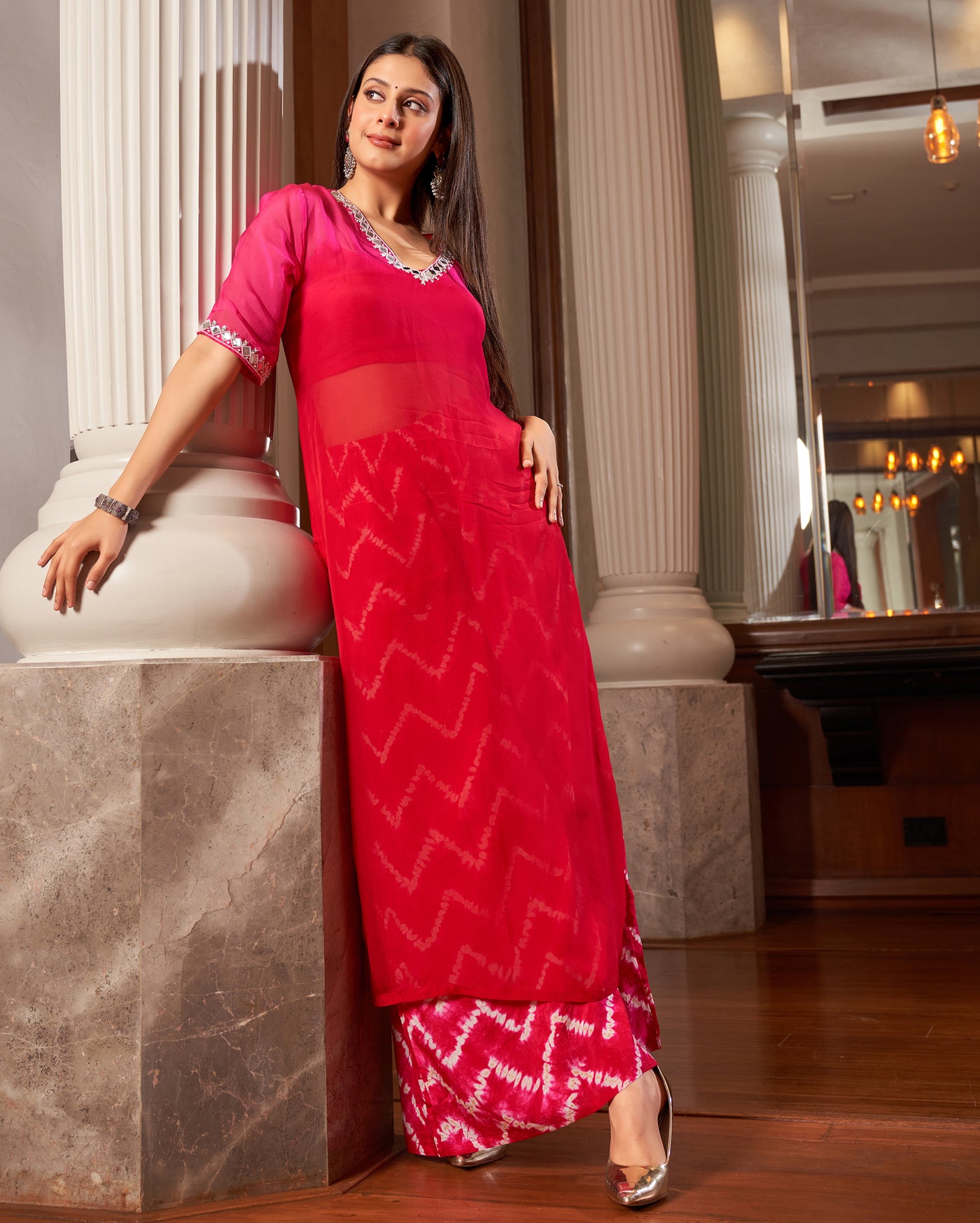 Arya Red Pink Ombre Leheriya Organza Kurta Set
