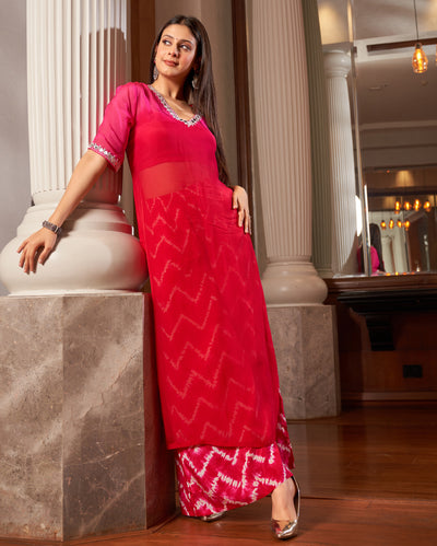 Arya Red Pink Ombre Leheriya Organza Kurta Set