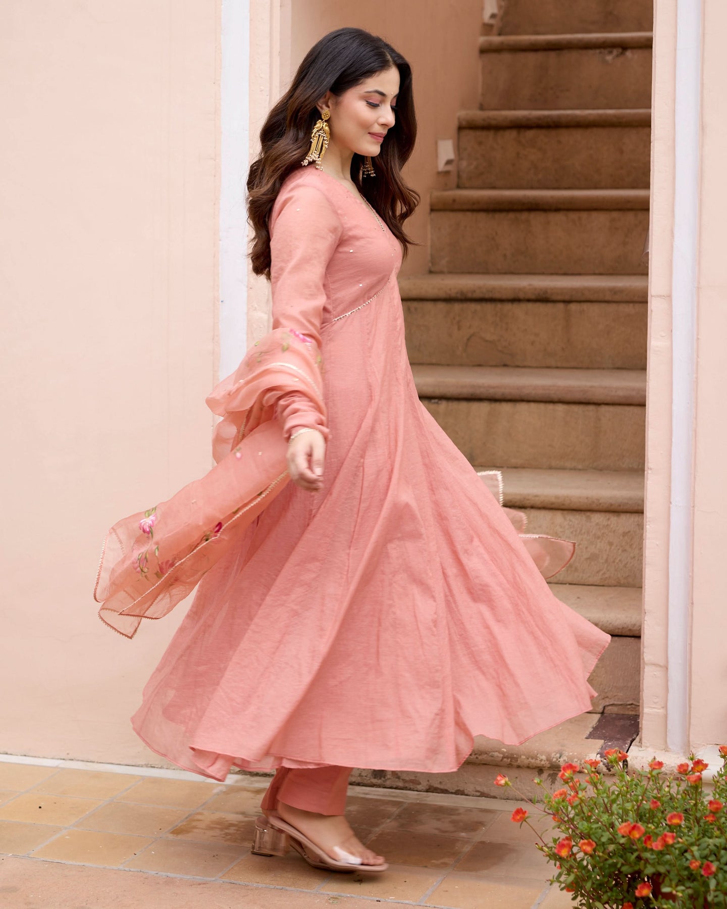 Kunda Peach Handpainted Chanderi Suit Set