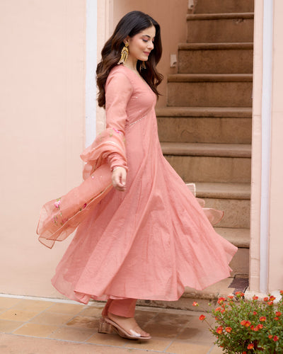 Kunda Peach Handpainted Chanderi Suit Set