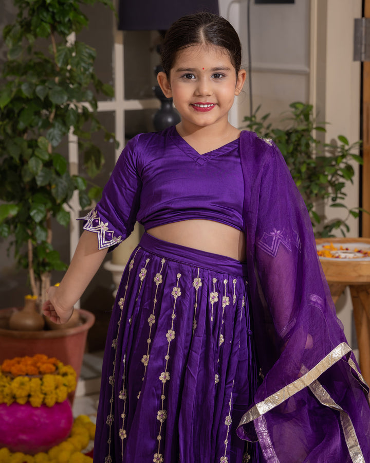 Chiku Purple Solid Satin Lehenga Set
