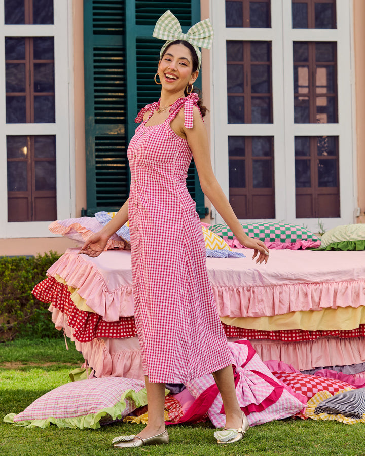 Piar Pink Cotton Checks Dress