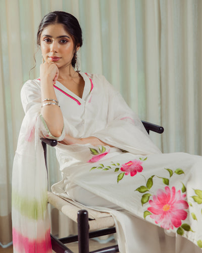 Poise White Handpainted Cotton Suit Set