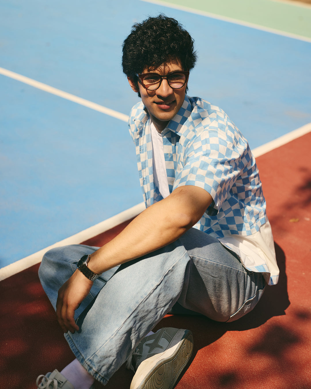 Miro Blue Cotton Checks Printed Shirt