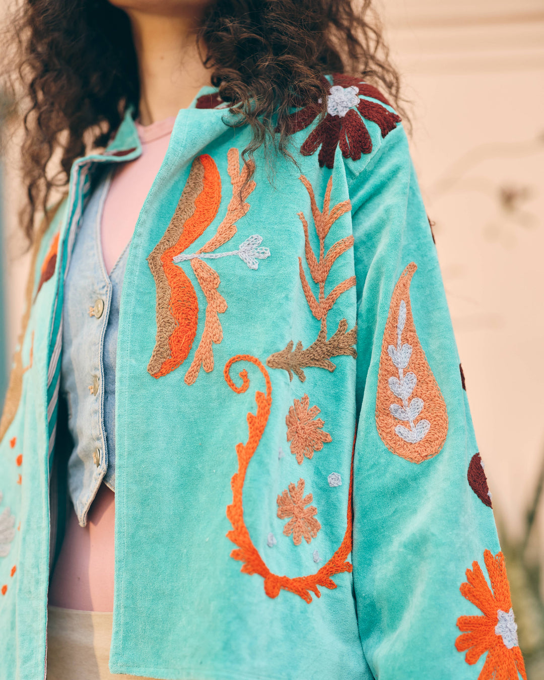 Aureline Sky Blue Velvet Suzani Jacket