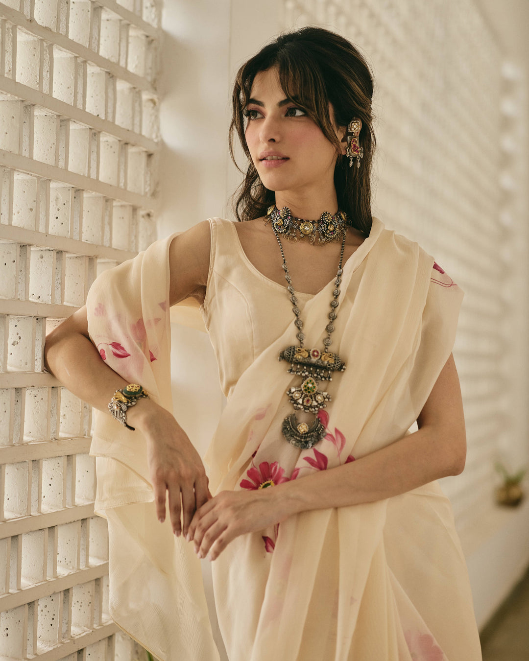 Iraaya Peach Handpainted Chiffon Saree